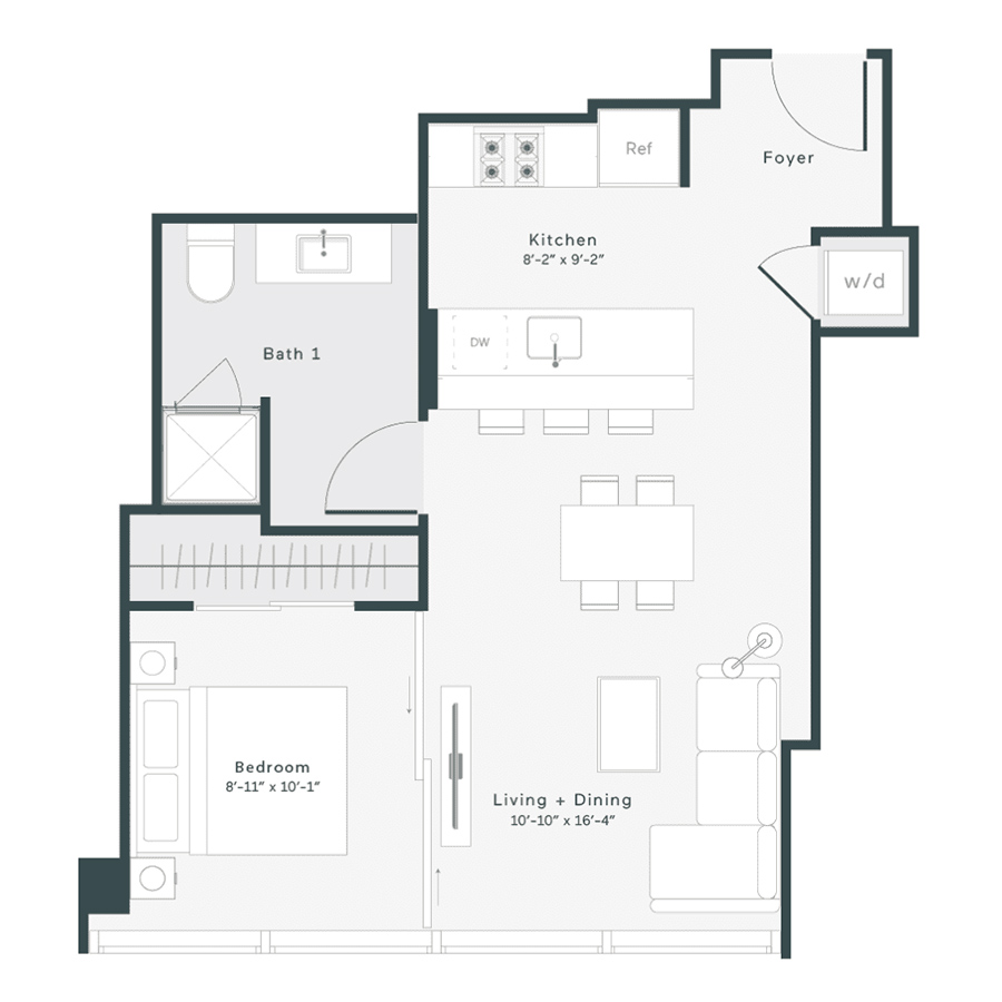 Rendering of the O5 floor plan with 1 bedroom[s] and 1 bathroom[s] at 1400 Wabash