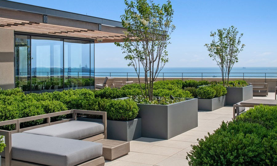 Potted greenery and trees surround various patio furniture on the rooftop terrace at 61 Banks Street. Lake Michigan is seen in the background on a sunny day.