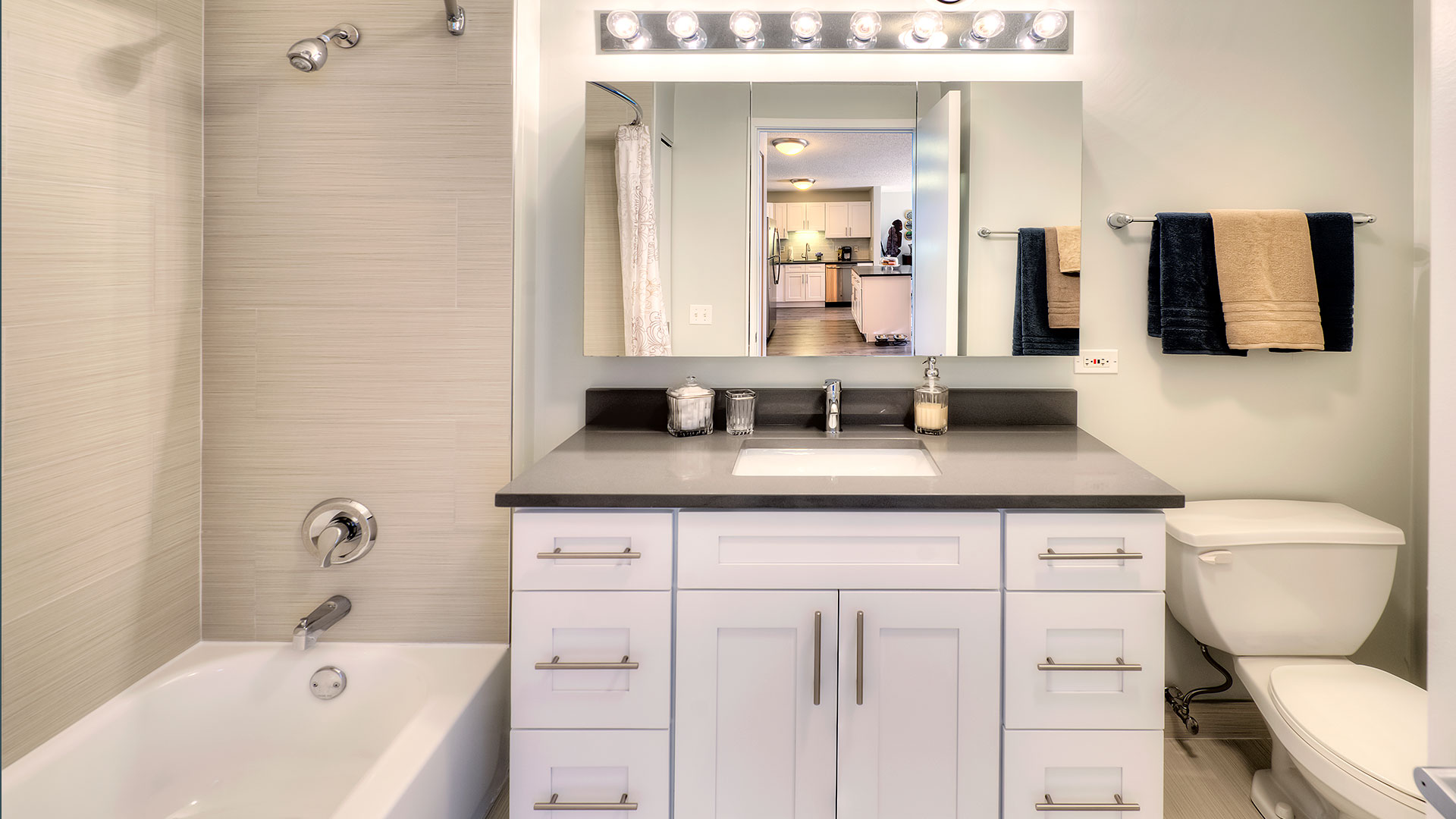 Looking at a bathroom vanity straight on. To the left is the shower and tub and to the right is the toilet.