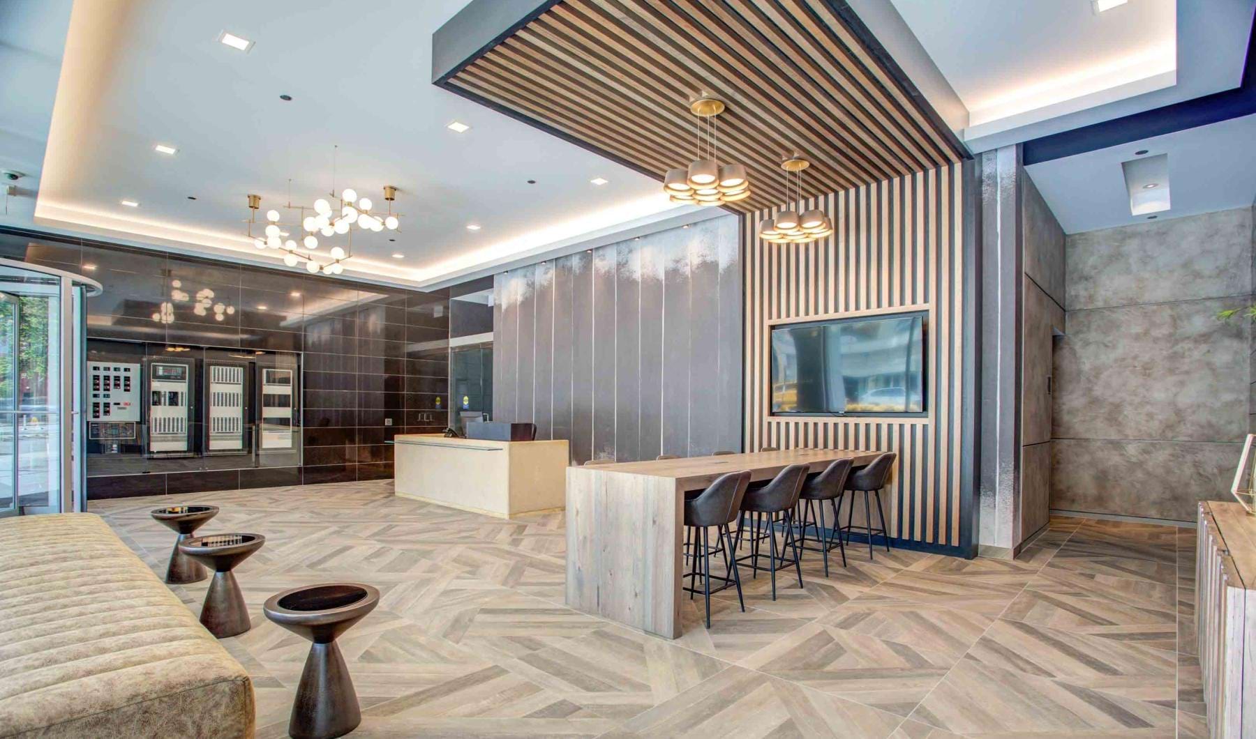 Lobby with seating at State and Grand Apartments in River North Chicago, IL.