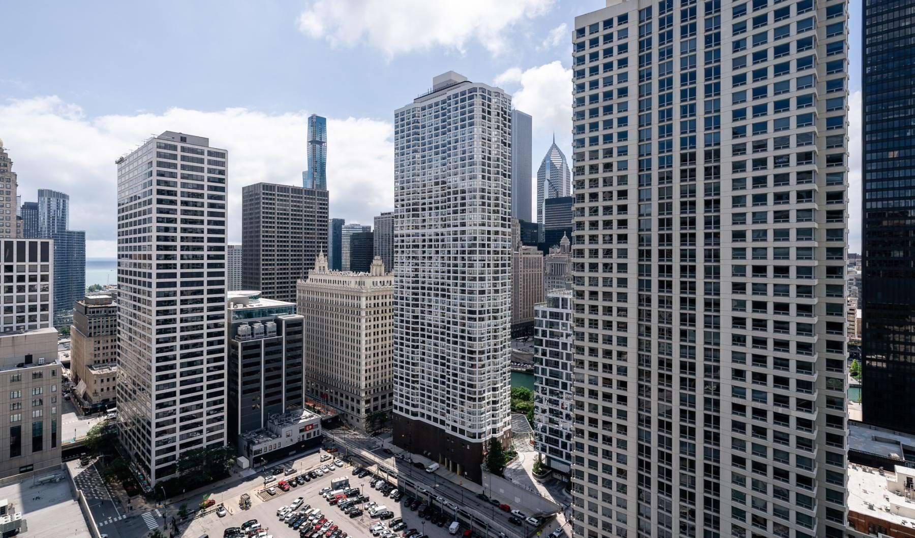Chicago skyline view at State and Grand Apartments in Chicago, IL.