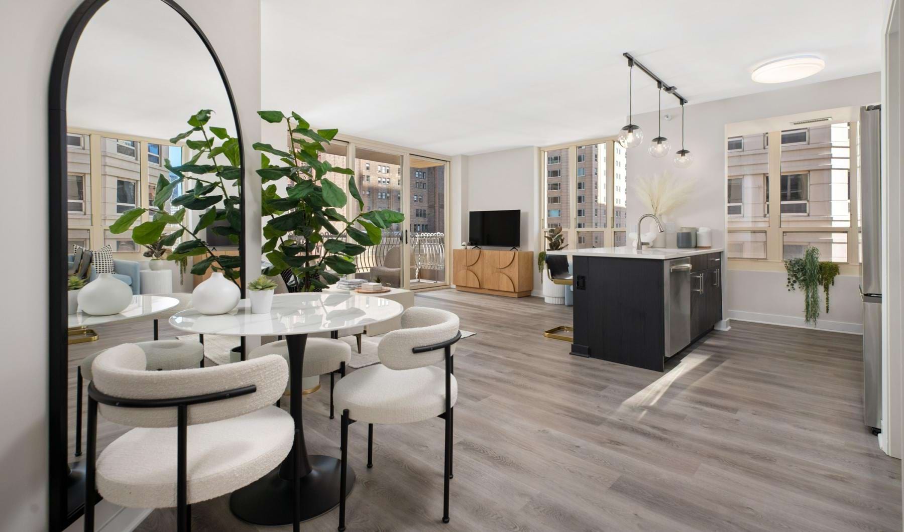 a room with a table and chairs