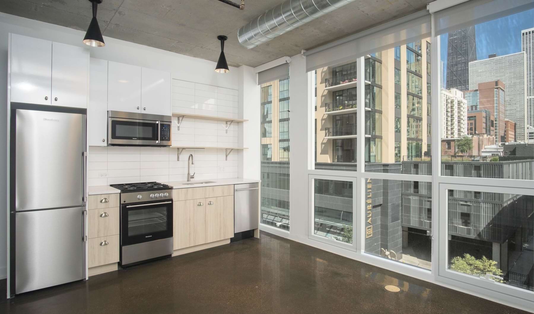 Bright modern apartment with floor to ceiling windows