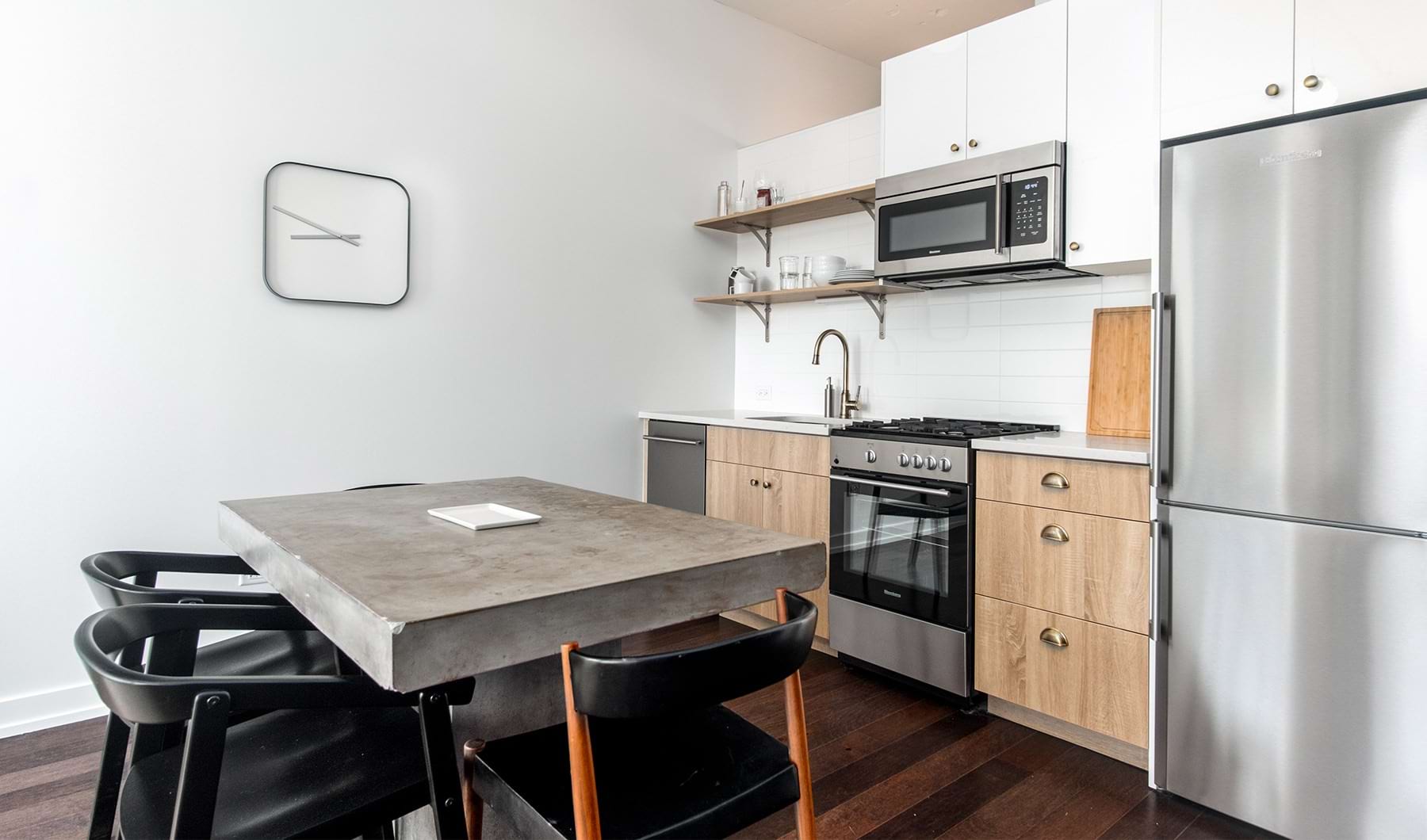 Sleek, modern kitchen area in Uptown Chicago apartments
