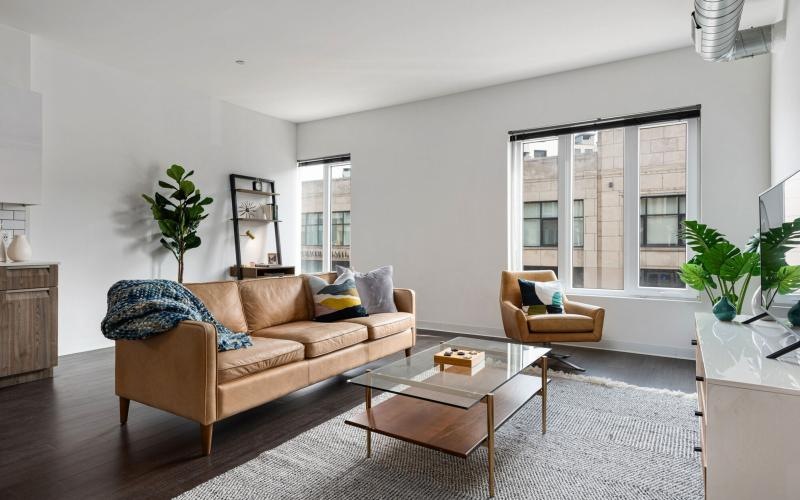 a living room with a couch and a coffee table