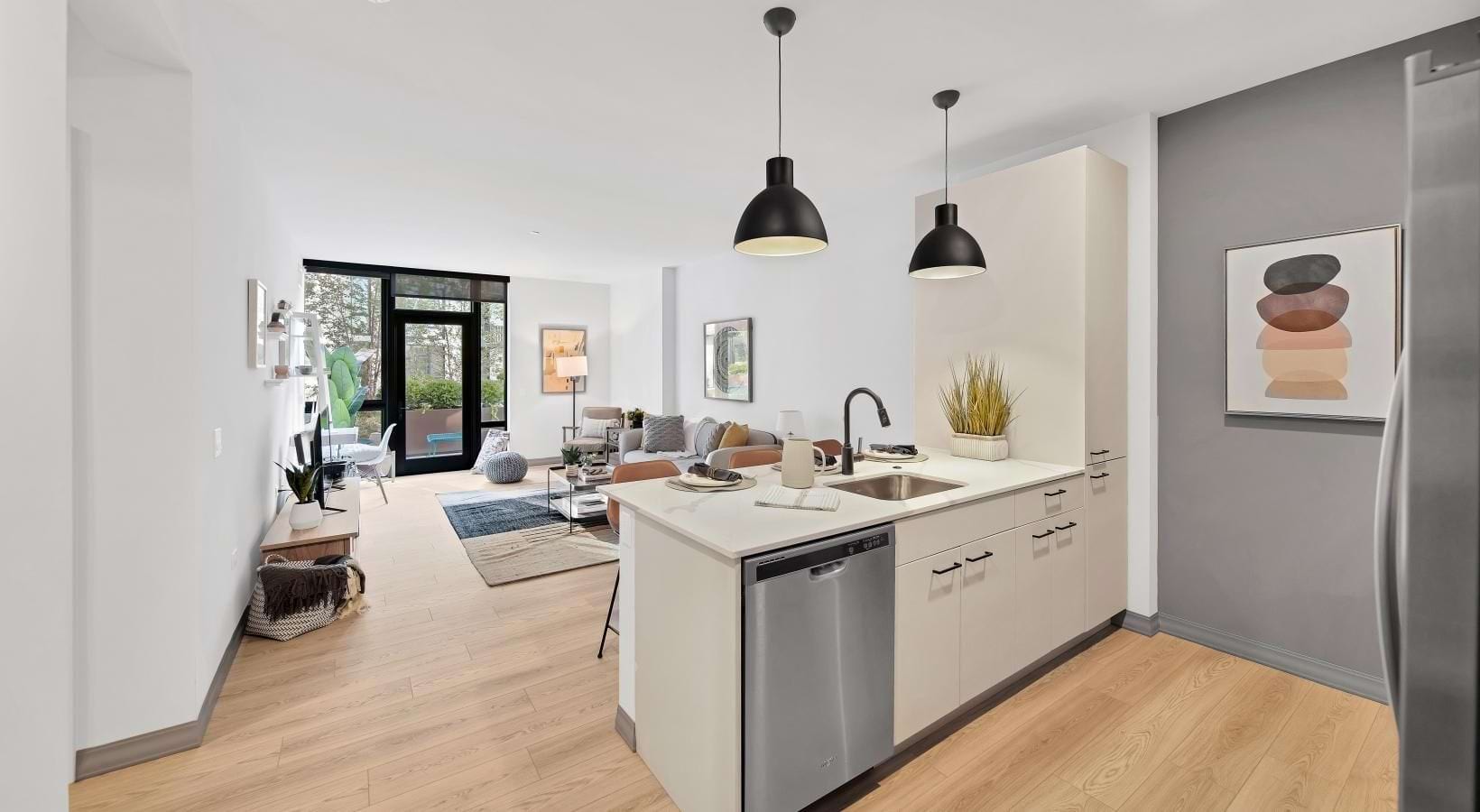 a kitchen with a wood floor