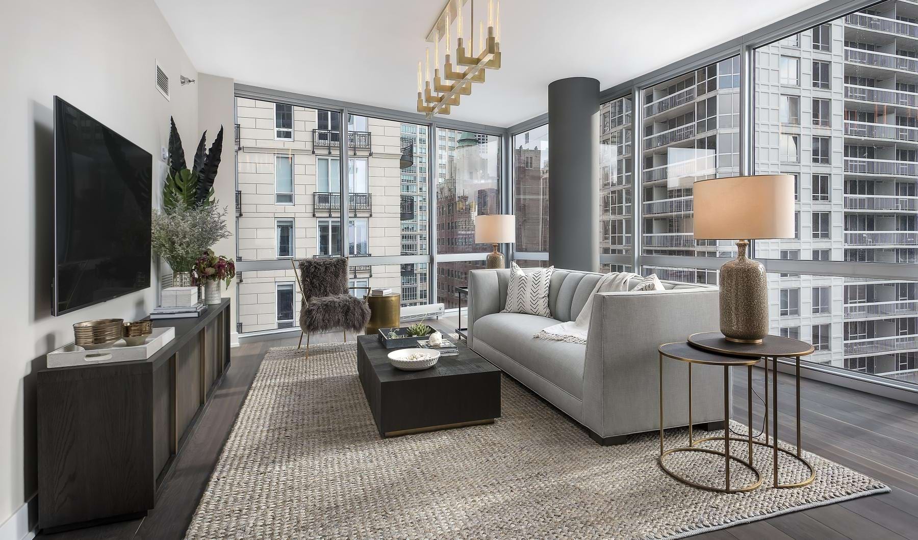 a living room with large windows